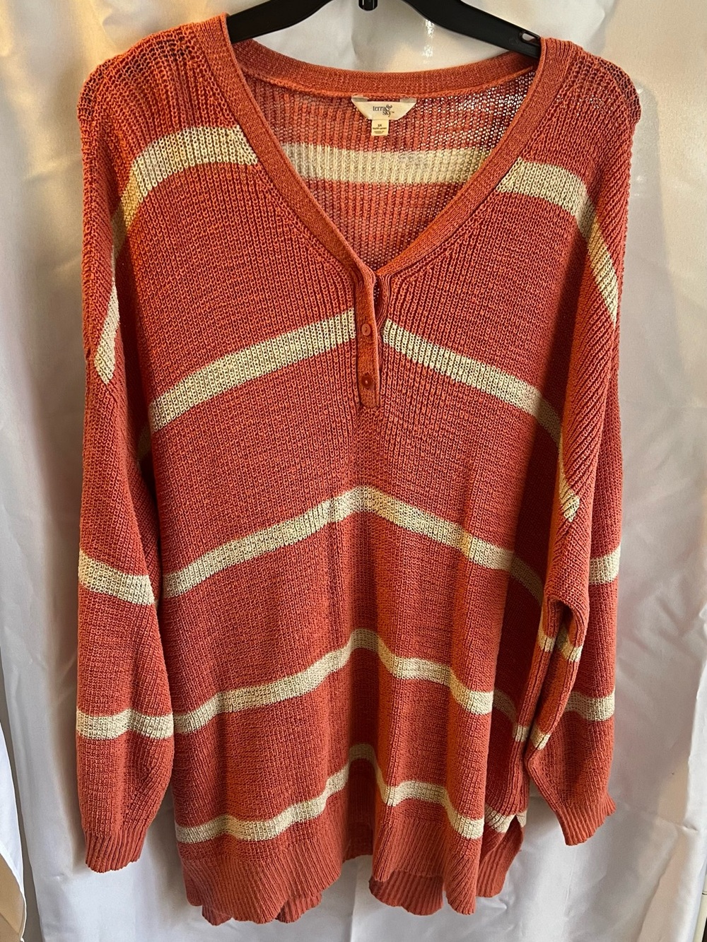 Terra & Sky Coral and Cream Striped V-Neck Pullover